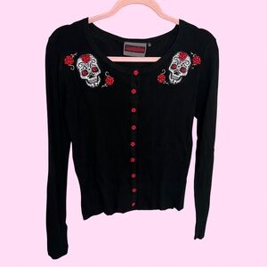 Rockabilly Pin Up Inspired Jawbreaker Day of the Dead Rose Skull Black Cardigan
